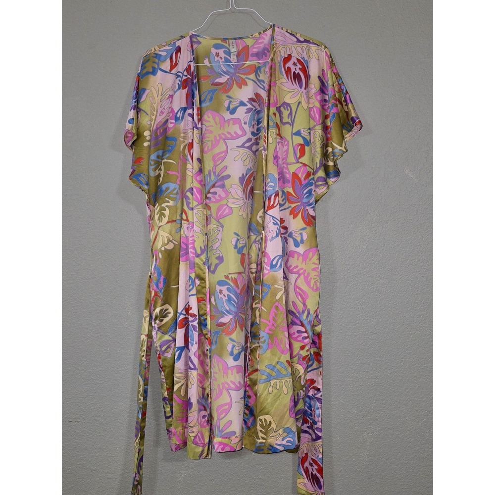 Natori Robe Womens XL Multicolor Floral Satin Kimono Belted Tropical Lounge